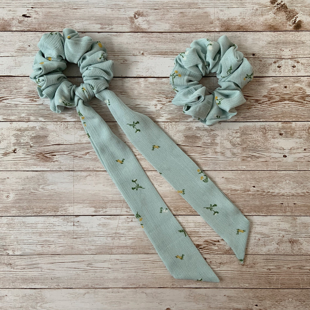 NEW! birthday blue floral ribbon scrunchie